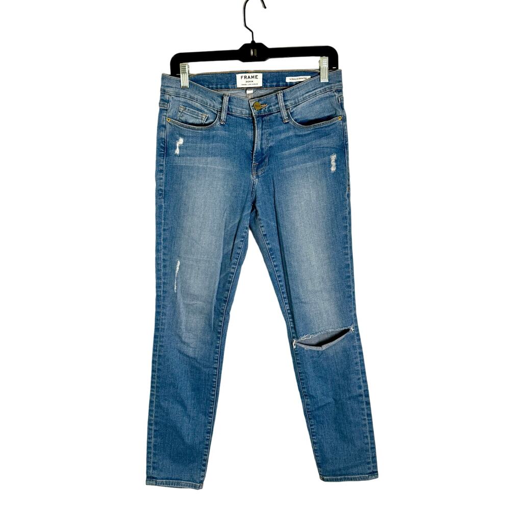 Frame Le Skinny de Jeanne Crop Jeans Womens 30 Everglade Blue Distressed Stretch